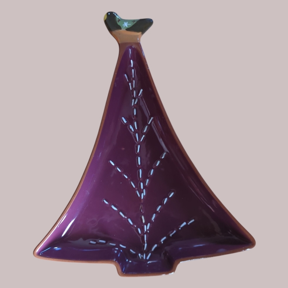 Ceramic Burgundy Christmas Tree Dish With Bird Topper